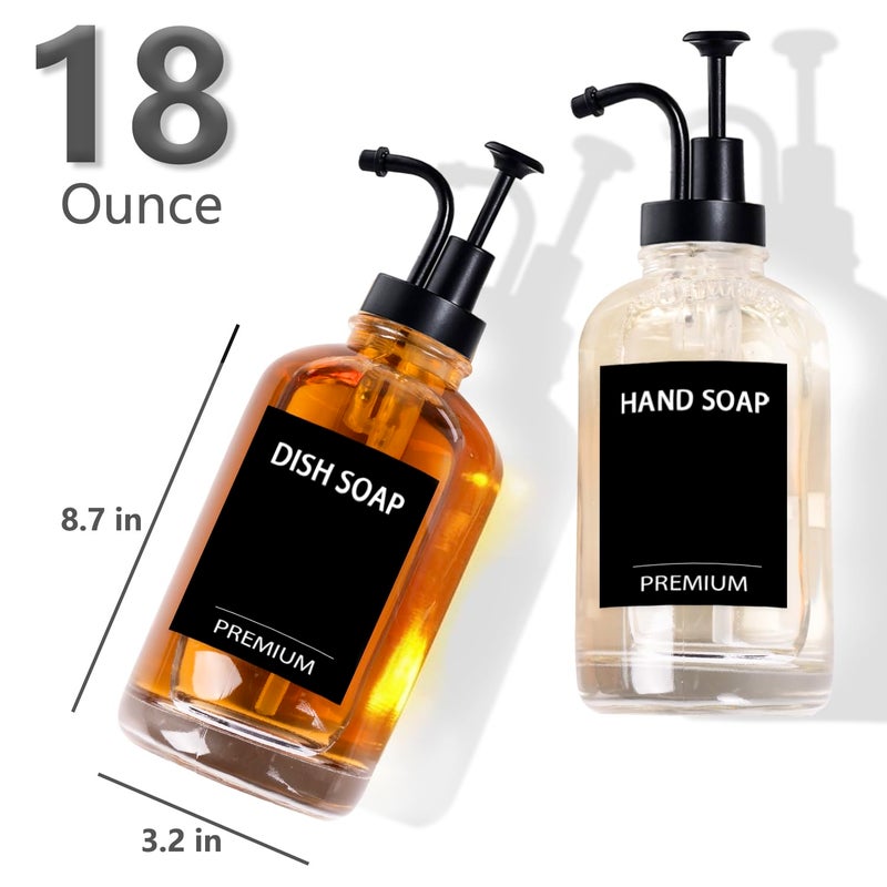 Hoousuper Dish Soap Dispenser for Kitchen, Hand Glass Soap Dispenser Set with Pump, Tray, Funnel for Bathroom, Shower, Laundry, Liquid, Lotion (Black 2 Pack 18 Oz Clear Bottles with 12 Stickers) - Image 4